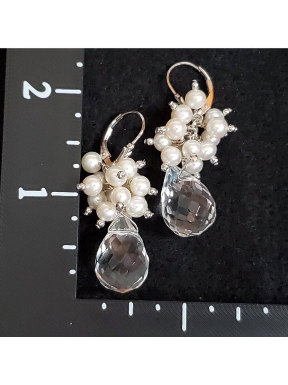 Sterling Silver ChaCha Earrings Crystal Faux Pearl Dangle 1.5" - Picture 5 of 5